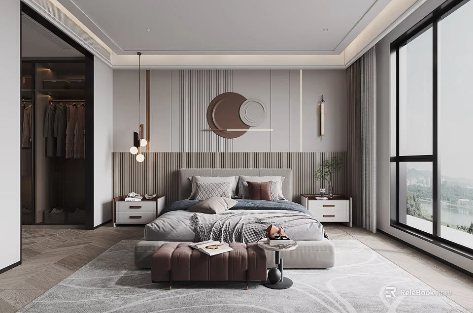 Modern Bedroom Interior Design With Round Wall Decor Hanging Pendant Lights And Large Windows 3d model 