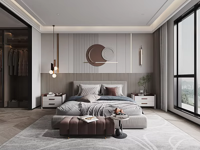Modern Bedroom Interior Design With Round Wall Decor Hanging Pendant Lights And Large Windows 3d model