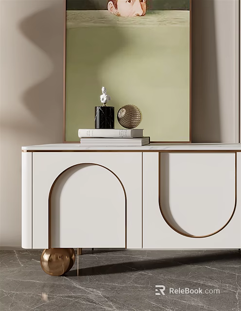 White TV Stand With Arched Design Decorative Items And Green Wall Mirror 3d model 