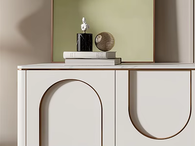White TV Stand With Arched Design Decorative Items And Green Wall Mirror 3d model
