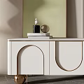 White TV Stand With Arched Design Decorative Items And Green Wall Mirror