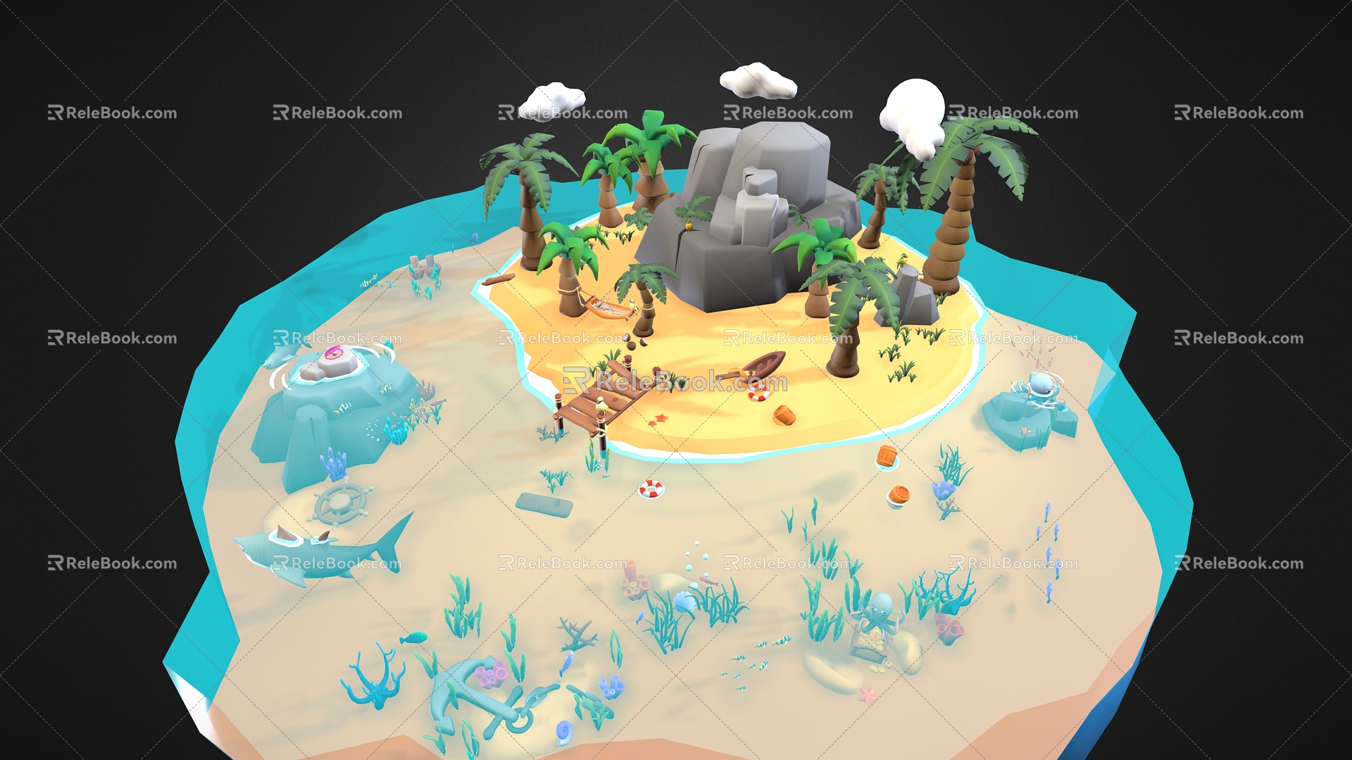 Cartoon Island Cartoon Island Cartoon Tree Cartoon Shark Cartoon Beach Cartoon Scene Island 3d model