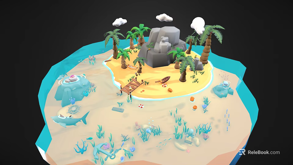 Tropical Island Beach Scenery With Palm Trees Rocks Small Boat And Coral Reef 3d model 