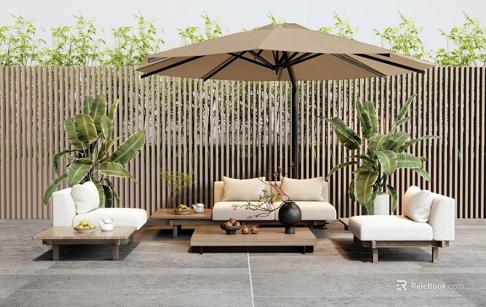 Comfortable Outdoor Sofa with Beige Cushions Brown Umbrella and Green Plants Near Wooden Fence 3d model 