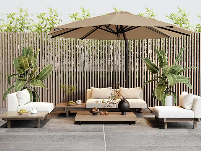 Comfortable Outdoor Sofa with Beige Cushions Brown Umbrella and Green Plants Near Wooden Fence 3d model