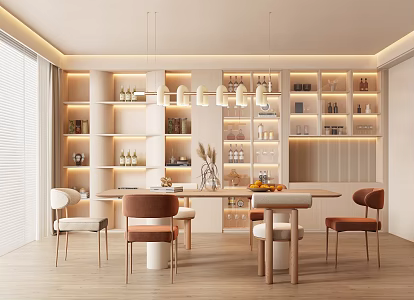 Modern Restaurant Sideboard Dining Table and Chair Combination Dining Chair Chandelier Venetian Blinds Jewelry Ornaments 3d model