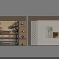 Elegant Chinese Style Background Wall With Decorative Paintings Wooden Shelves Ornaments Cabinets And Geometric Patterns