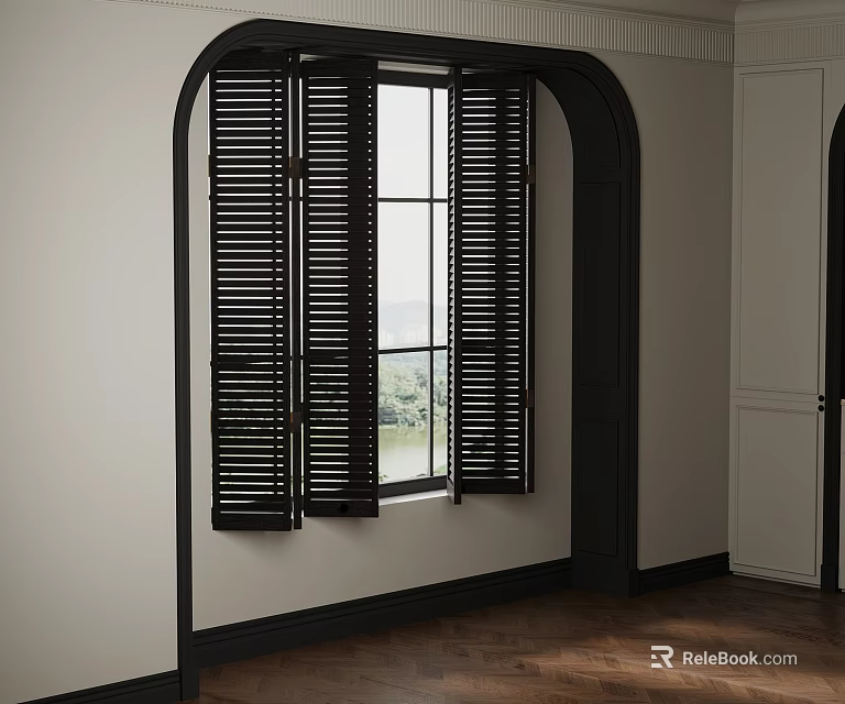Black Wooden Shutters On Arched Window With White Wall And Wooden Floor 3d model 