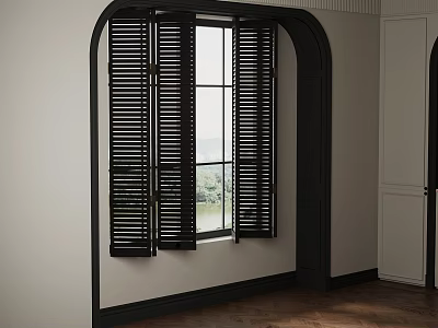 Black Wooden Shutters On Arched Window With White Wall And Wooden Floor 3d model