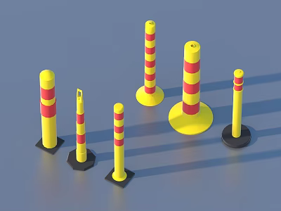 Yellow Red Striped Traffic Bollards With Black Base And Various Heights 3d model