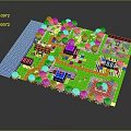 Cartoon Pixel Style Game Map With Colorful Buildings Green Grass And Blue Water Area