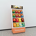 Multi tiered Display Shelf With Organized Colorful Chips Packaging And Top Screen 3d model