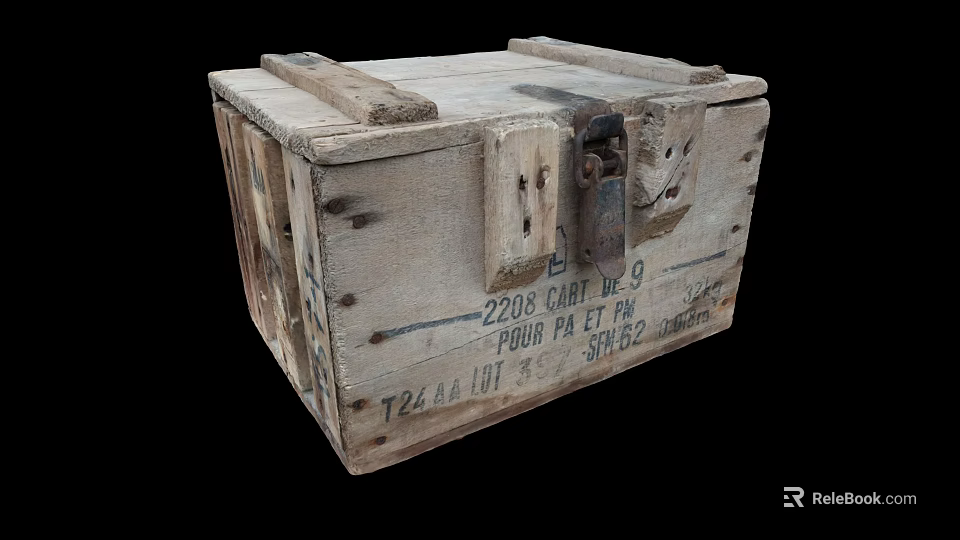 Vintage Wooden Storage Box With Worn Surface Metal Latch And Wooden Handles 3d model 