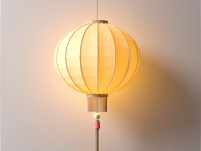 Traditional Yellow Paper Lantern With Striped Design And Hanging Decorative Beads 3d model