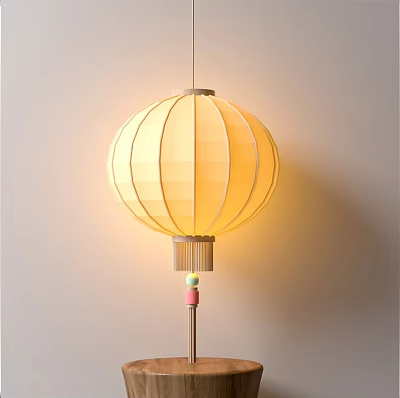 Traditional Yellow Paper Lantern With Striped Design And Hanging Decorative Beads 3d model