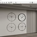 Four Modern Clocks Hung on Light Wall With Unique Designs Near Vertical Striped Decor