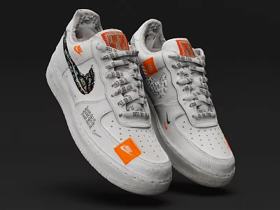 White Low Top Sneakers Featuring Orange Patches Black Designs And Gray Laces 3d model