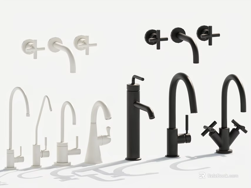 Various Modern Water Faucets in White and Black Stylish Designs 3d model 