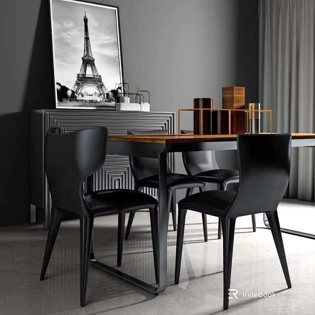Modern Dining Table Set With Black Chairs And Eiffel Tower Painting On Gray Wall 3d model 