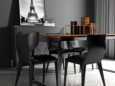 Modern Dining Table Set With Black Chairs And Eiffel Tower Painting On Gray Wall 3d model