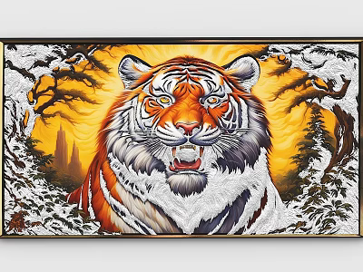Detailed Framed Tiger Painting With Golden Background And Snowy Pine Branches 3d model