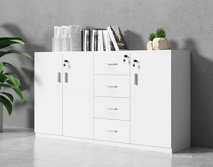 White Console Cabinet with Doors and Drawers Topped with Books Decor Plant Against Gray Wall 3d model 