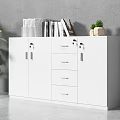 White Console Cabinet with Doors and Drawers Topped with Books Decor Plant Against Gray Wall