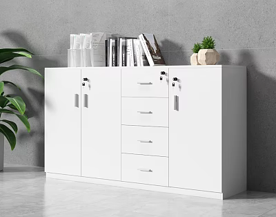 White Console Cabinet with Doors and Drawers Topped with Books Decor Plant Against Gray Wall 3d model