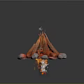 Rustic Campfire Arrangement With Stacked Logs Surrounding Stones And Flaming Embers