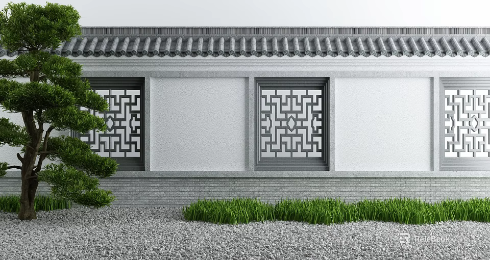 Traditional Architectural Exterior Wall With Gray Tiled Roof Lattice Windows White Surface And Green Plants 3d model 