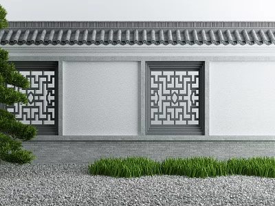 Traditional Architectural Exterior Wall With Gray Tiled Roof Lattice Windows White Surface And Green Plants 3d model