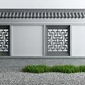 Traditional Architectural Exterior Wall With Gray Tiled Roof Lattice Windows White Surface And Green Plants