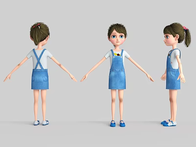 Cartoon Girl Character Three Views with White T-shirt Blue Overalls Ponytail and Blue Shoes 3d model