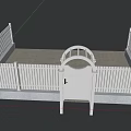 White Arched Entrance Gate With Picket Fence And Stone Paved Pathway