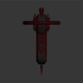 Red Mechanical Device With Large Wheel Cylindrical Body And Orange Light Detailed