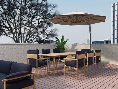 Outdoor Dining Table Set With Umbrella And Chairs On Wooden Patio 3d model