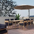 Outdoor Dining Table Set With Umbrella And Chairs On Wooden Patio