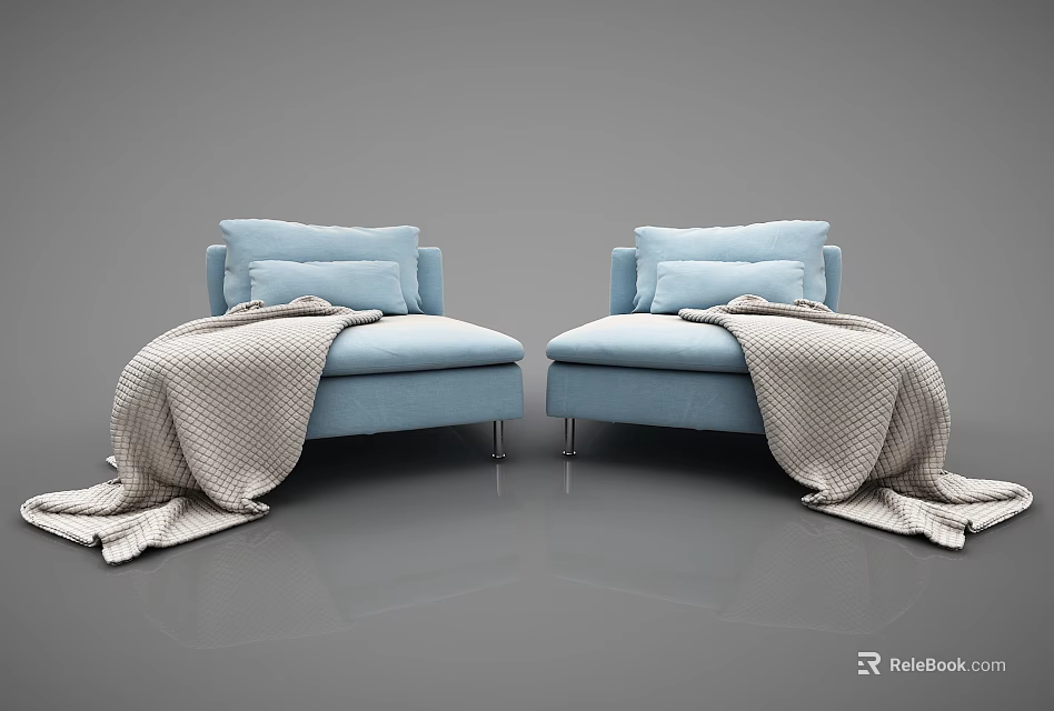 Modern Blue Single Sofa Interior With Soft Pillows And Cozy Blanket 3d model