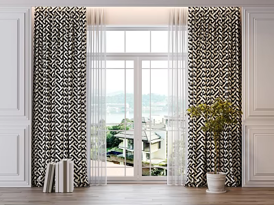 Black And White Geometric Pattern Curtains With Sheer Panels By Window And Potted Plant 3d model
