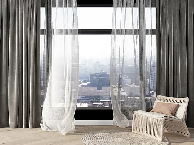 Gray and Sheer White Curtains in Room with City View Wicker Chair and Wooden Floor 3d model