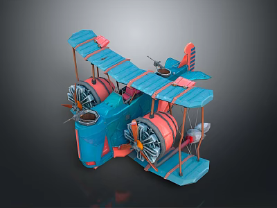 Blue And Red Biplane With Double Wings Propellers Fuselage And Tail 3d model
