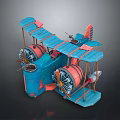 Blue And Red Biplane With Double Wings Propellers Fuselage And Tail 3d model