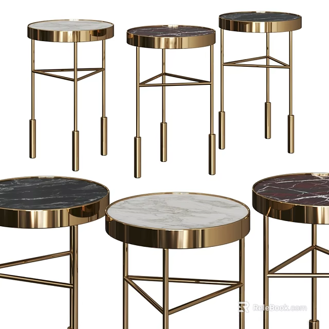 Modern Round Side Tables With Brass Frames And Marble Tabletops 3d model