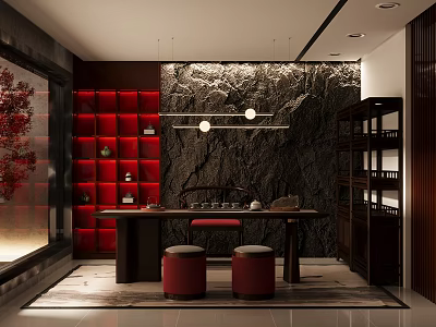 Traditional Tea Room Interior with Red Lattice Wall Marble Backdrop Wooden Tea Table Red Stools 3d model