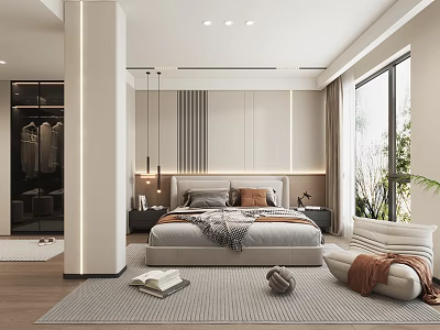 Modern Bedroom Interior With Comfortable Bed Nightstands Large Windows And Area Rug 3d model
