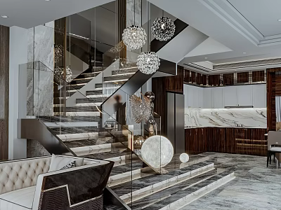 Luxurious Modern Interior With Marble Staircase Glass Railing Chandeliers Leather Sofa And Round Decor 3d model