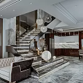 Luxurious Modern Interior With Marble Staircase Glass Railing Chandeliers Leather Sofa And Round Decor