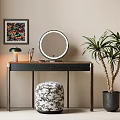 Modern Dressing Table with Round Lighted Mirror Patterned Stool Potted Plant and Wall Art 3d model