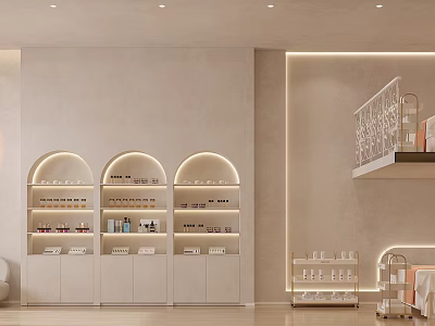 Elegant Modern Beauty Salon Interior With Arched Shelves Soft Lighting And Beauty Products 3d model