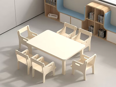 Kids White Table and Chair Set with Six Chairs and Wooden Bookshelves 3d model
